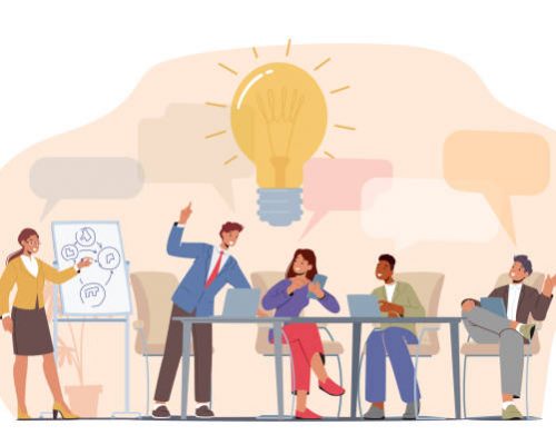 Brainstorm, Teamwork Process Concept. Business People Discussing Idea on Board Meeting in Office. Team Project Development, Employees Work on Laptops and Communicate. Cartoon Vector Illustration